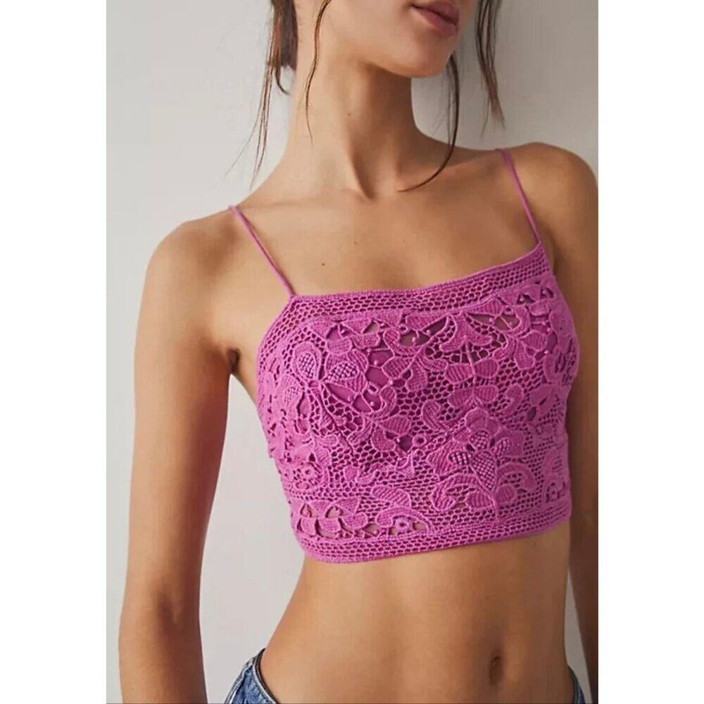 Free People‎ Fp One Lyra Bralette Crochet Embroidered Smocked Strap Top Size M